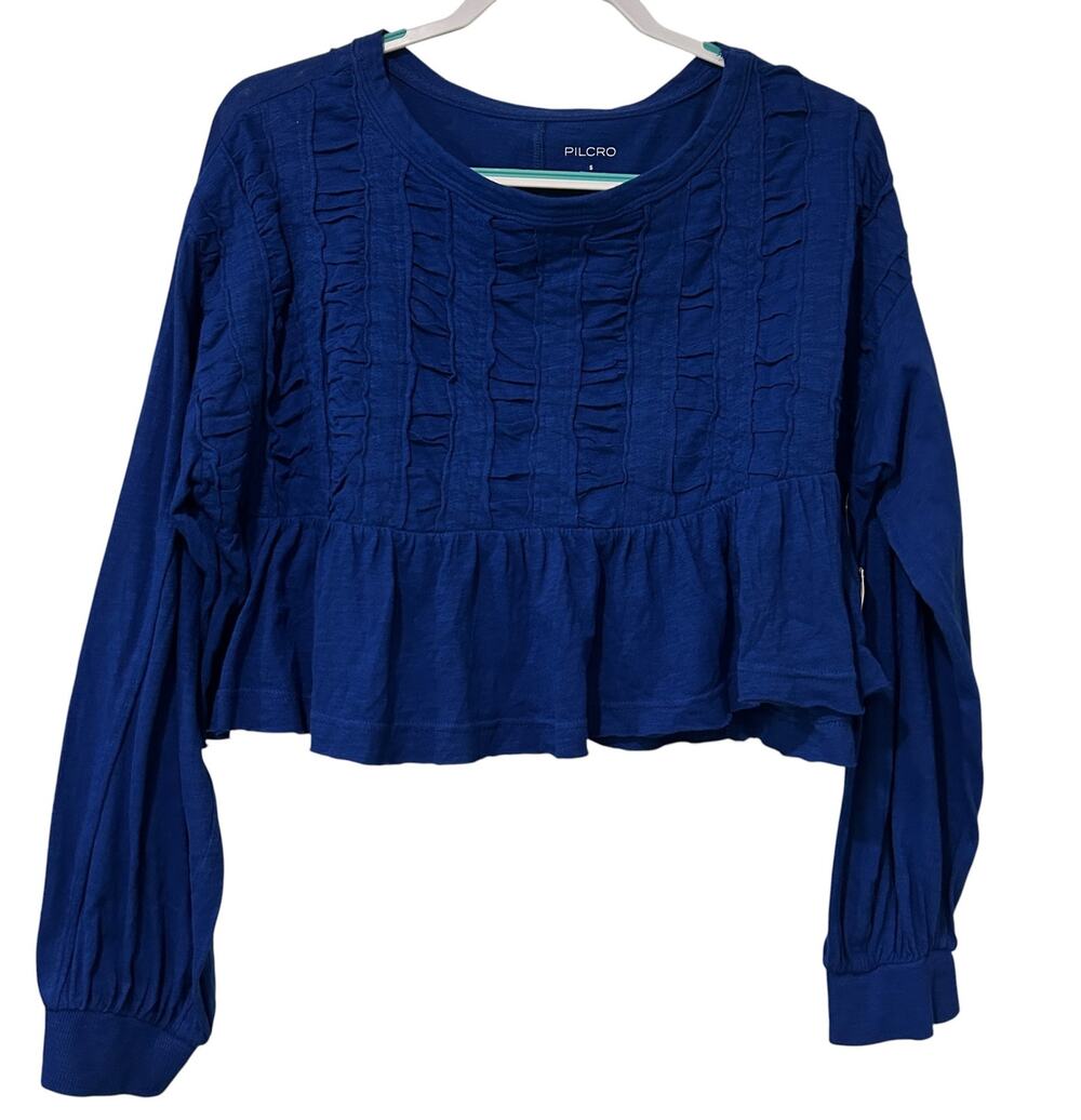 Pilcro Anthropologie NWT Babydoll Crop Top Blue Ruffle Peplum Small Relaxed